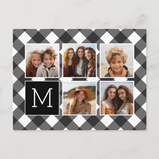 フォトコラージュ – モノグラムホワイトブラックバッファロープレイド ポストカード (正面)