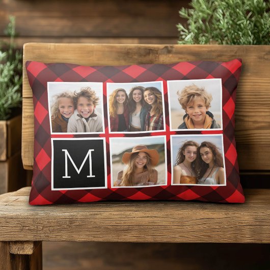 フォトコラージュ – モノグラムレッドブラックバッファロープレイド アクセントクッション