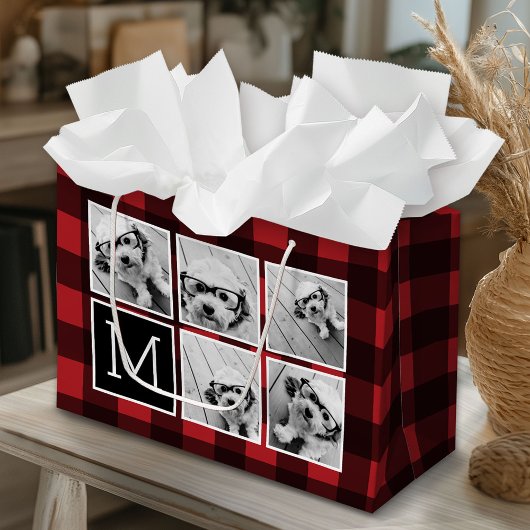 フォトコラージュ – モノグラムレッドブラックバッファロープレイド ラージペーパーバッグ