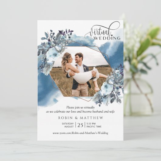 フォトコラージュ、幾何学的ブルーバーチャル結婚ズ 招待状 (スタンド正面)
