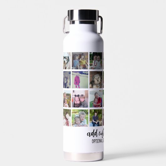 フォトコラージュ – 28枚の写真をパターングリッド全体に表示 ウォーターボトル (正面)