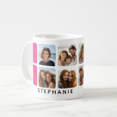 フォトコラージュ、8枚の写真とホットピンクのアクセント コーヒーマグカップ (正面左)