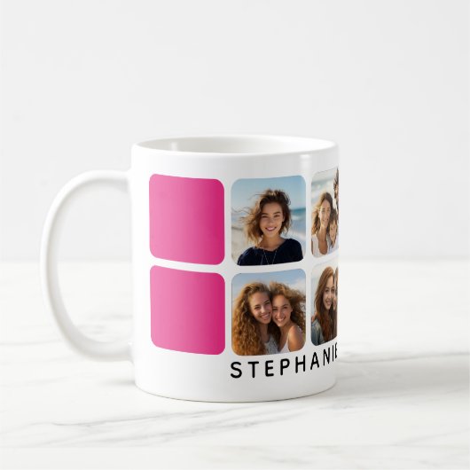 フォトコラージュ、8枚の写真とホットピンクのアクセント コーヒーマグカップ (左)