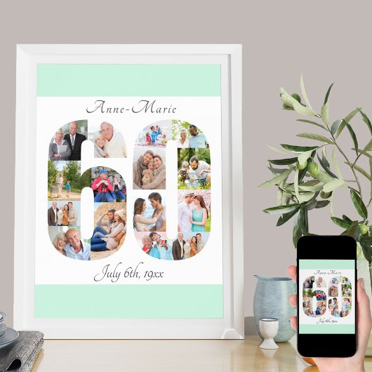 フォトコラージュNumber 60 Mintホワイト60誕生日 ポスター
