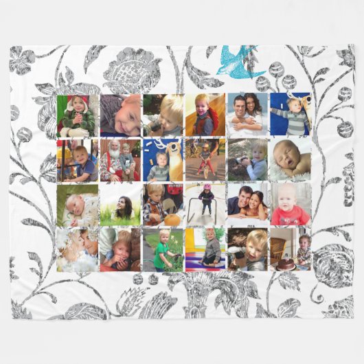 フォトコラージングブルーグレーフローラファミリーの写真 フリースブランケット (正面(横))