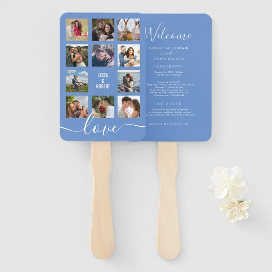 フォトコラージングブルー結婚式 プログラム ハンドファン (正面&裏面)