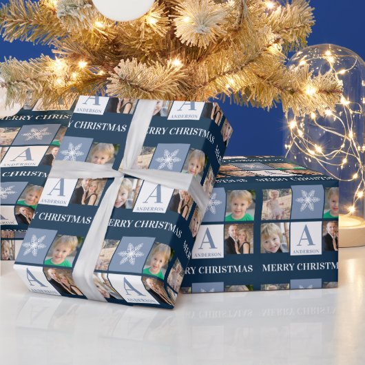フォトコラージースノーフレークダークブルーモノグラム ラッピングペーパー (クリスマス)