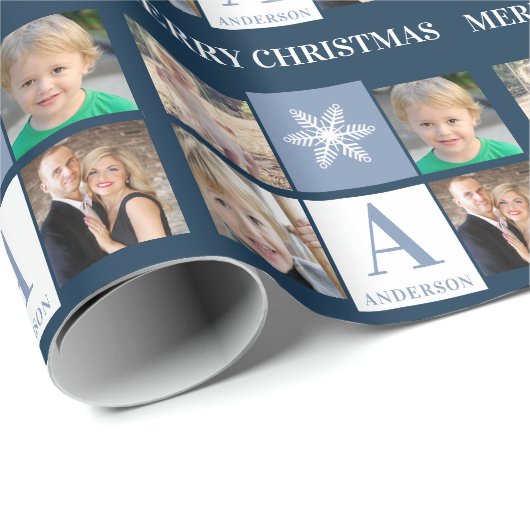 フォトコラージースノーフレークダークブルーモノグラム ラッピングペーパー (ロールコーナー)