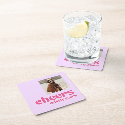 フォトコースター、レトロ紫&ピンク、40歳の誕生日 スクエアペーパーコースター (インサイチュ)