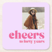 フォトコースター、レトロ紫&ピンク、40歳の誕生日 スクエアペーパーコースター (正面)