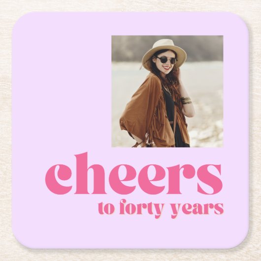 フォトコースター、レトロ紫&ピンク、40歳の誕生日 スクエアペーパーコースター (正面)