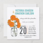 フォトコーラルターコイズ素朴メイソンジャールカーネーション 招待状 (正面)