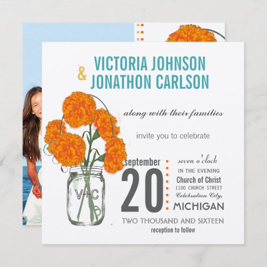 フォトコーラルターコイズ素朴メイソンジャールカーネーション 招待状 (正面/裏面)