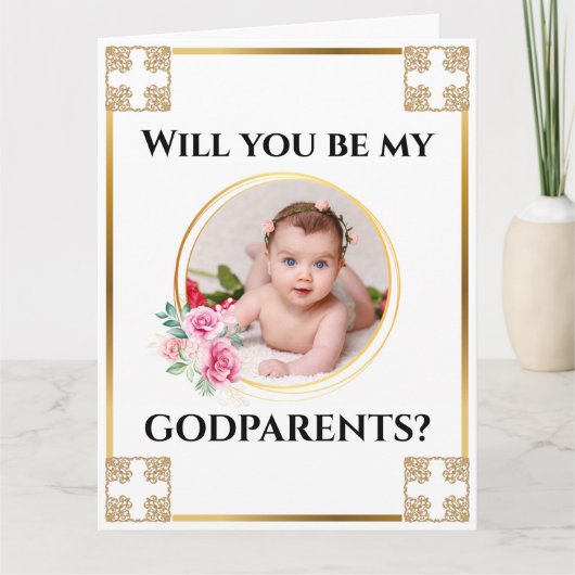 フォトゴッドペアレント金ゴールドクロスフローラブーケシック カード (正面)