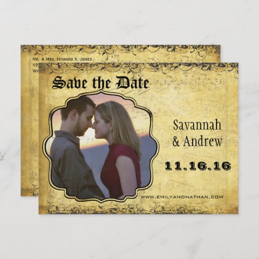 フォトゴールデンイエローハートリーフツリー日付の保存 案内ポストカード (正面/裏面)