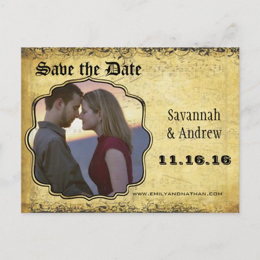 フォトゴールデンイエローハートリーフツリー日付の保存 案内ポストカード (正面)