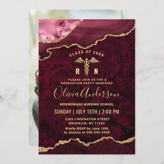 フォトゴールデンレッド看護学校卒業パーティー 招待状 (正面/裏面)