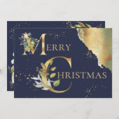 フォトゴールドエレガントフォイルフローラブルークリスマス シーズンカード (正面/裏面)