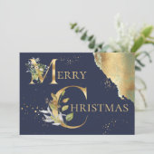 フォトゴールドエレガントフォイルフローラブルークリスマス シーズンカード (スタンド正面)