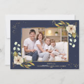 フォトゴールドエレガントフォイルフローラブルークリスマス シーズンカード (裏面)