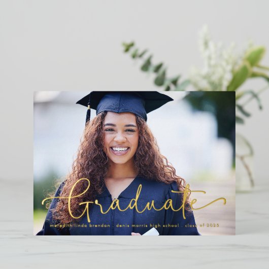 フォトゴールドエレガントフォイル卒業発表 箔招待状 (立ち正面)