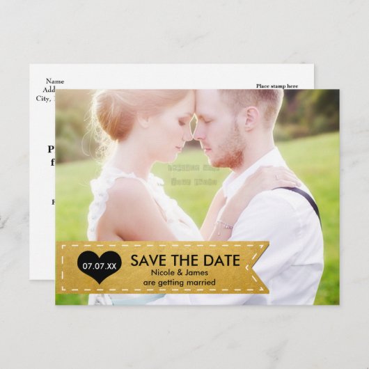 フォトゴールドフォイルのシックなバナー日付ポストカードを保存 案内ポストカード (正面/裏面)