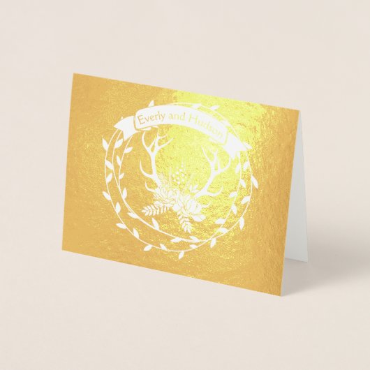 フォトゴールドフォイルリース〔雄ジカの〕枝角結婚ズサンキュー 箔カード (正面)