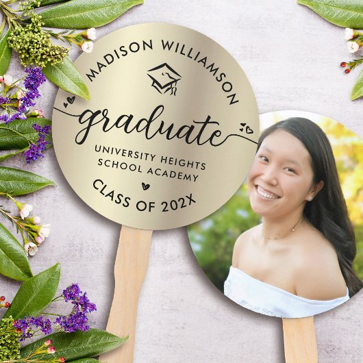 フォトゴールドフォイル卒業ブラックスクリプトハートキャップ ハンドファン