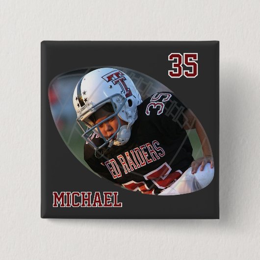 フォトサッカー – 濃い赤 – パーソナライズされた 缶バッジ (正面)