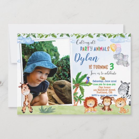 フォトサファリの誕生日の招待ジャングル動物1st 招待状 (正面)
