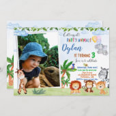 フォトサファリの誕生日の招待ジャングル動物1st 招待状 (正面/裏面)