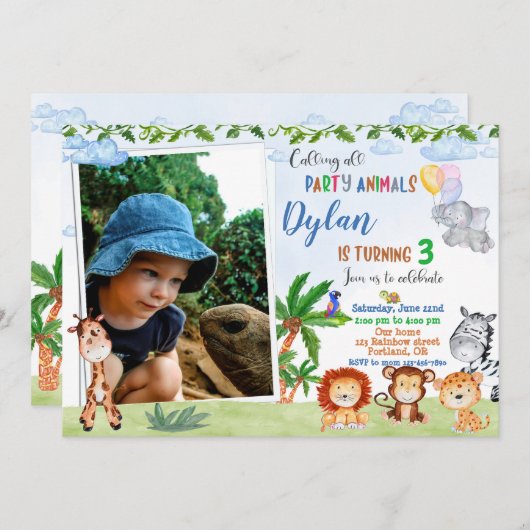 フォトサファリの誕生日の招待ジャングル動物1st 招待状 (正面/裏面)