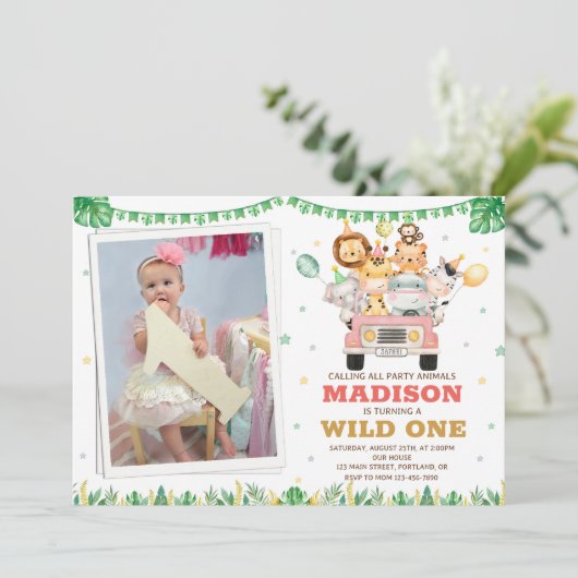 フォトサファリの誕生日の招待ワイルドワンガール 招待状 (スタンド正面)
