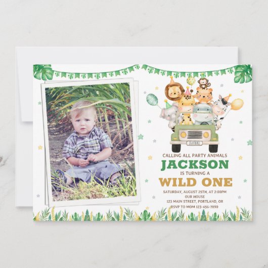 フォトサファリの誕生日の招待ワイルドワンパーティー 招待状 (正面)