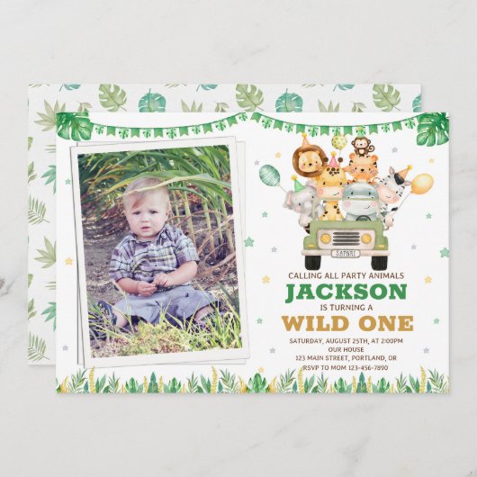 フォトサファリの誕生日の招待ワイルドワンパーティー 招待状 (正面/裏面)