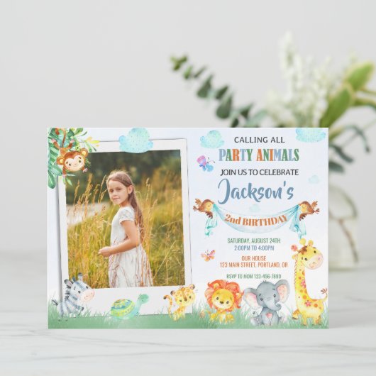 フォトサファリの誕生日への招待2つのワイルドパーティー 招待状 (スタンド正面)