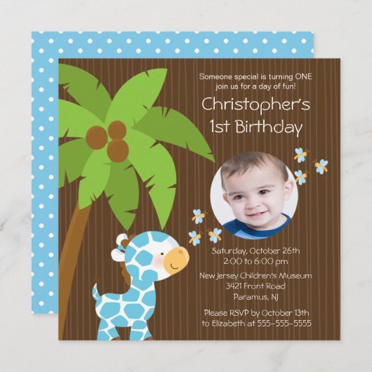 フォトサファリジャングルキリンキッド誕生パーティー 招待状 (正面/裏面)