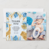 フォトサファリブルー1歳の誕生日サンキューカード 招待状 (正面)