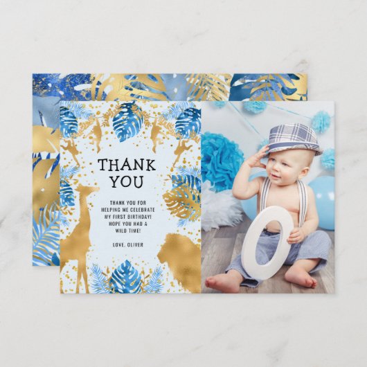 フォトサファリーブルー1歳誕生日感謝カード 招待状 (正面/裏面)