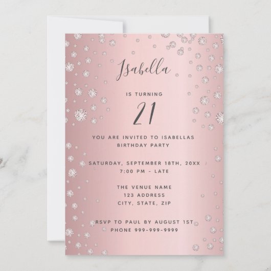 フォトサプライズバースデーパーティーほこりっぽいバラダイヤモンド 招待状 (裏面)