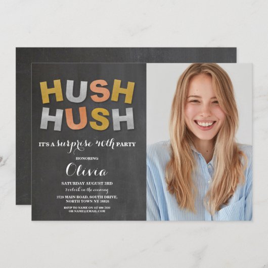 フォトサプライズバースデーパーティーHush Hush Metallic 招待状 (正面/裏面)