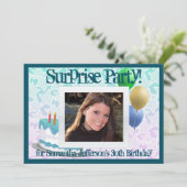 フォトサプライズパーティの招待状、青と白 招待状 (スタンド正面)