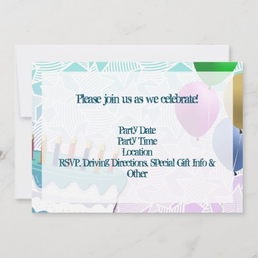 フォトサプライズパーティの招待状、青と白 招待状 (裏面)