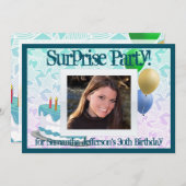フォトサプライズパーティの招待状、青と白 招待状 (正面/裏面)