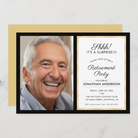 フォトサプライズ退職パーティー |ブラックと金ゴールド 招待状 (正面/裏面)