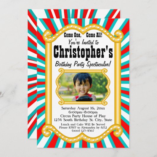 フォトサーカスカーニバルマーキーバースデーパーティー 招待状 (正面/裏面)