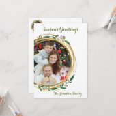 フォトサークル金ゴールドグリーン&レッドクリスマス カード (正面/裏面インサイチュ)