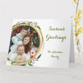 フォトサークル金ゴールドグリーン&レッドシーズンのご挨拶 カード (黄色い花)