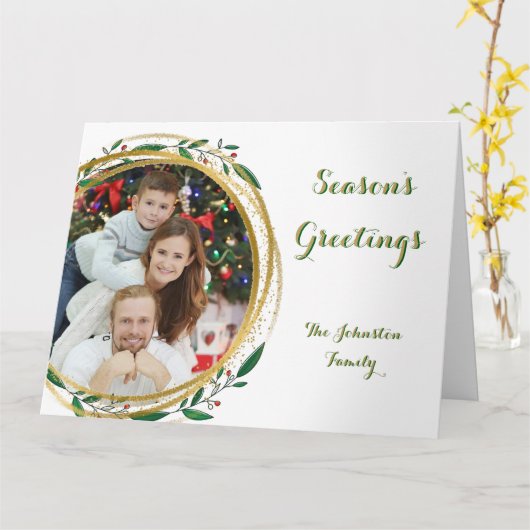 フォトサークル金ゴールドグリーン&レッドシーズンのご挨拶 カード (黄色い花)