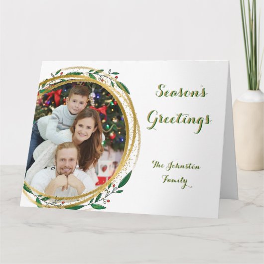 フォトサークル金ゴールドグリーン&レッドシーズンのご挨拶 カード (正面)